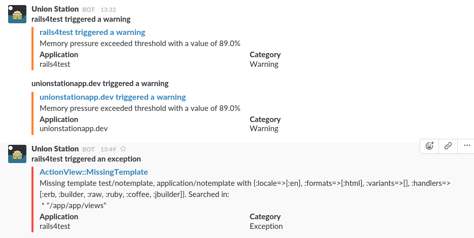 An example screenshot of Union Station's Slack integration